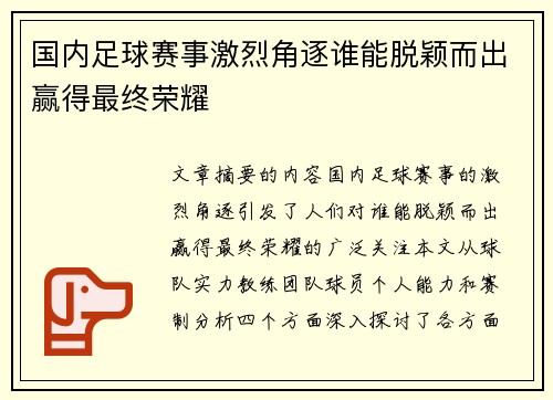 国内足球赛事激烈角逐谁能脱颖而出赢得最终荣耀