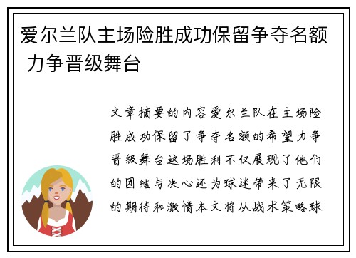 爱尔兰队主场险胜成功保留争夺名额 力争晋级舞台