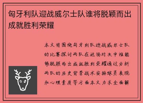 匈牙利队迎战威尔士队谁将脱颖而出成就胜利荣耀