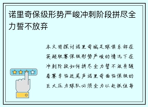 诺里奇保级形势严峻冲刺阶段拼尽全力誓不放弃 诺里奇保级形势严峻冲刺阶段拼尽全力誓不放弃