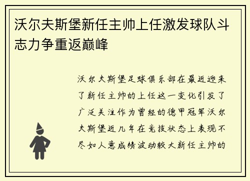 沃尔夫斯堡新任主帅上任激发球队斗志力争重返巅峰